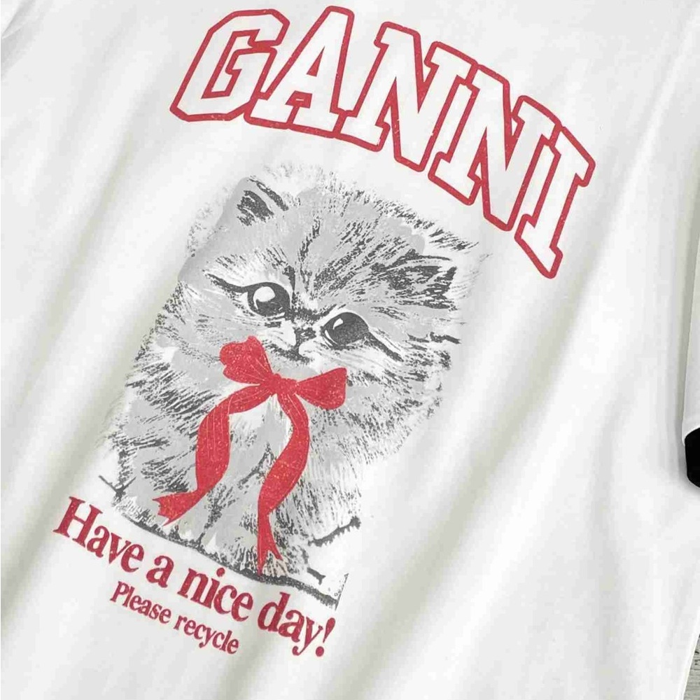 Ganni White Tee with Cat and Red Text - Picture 4 of 5